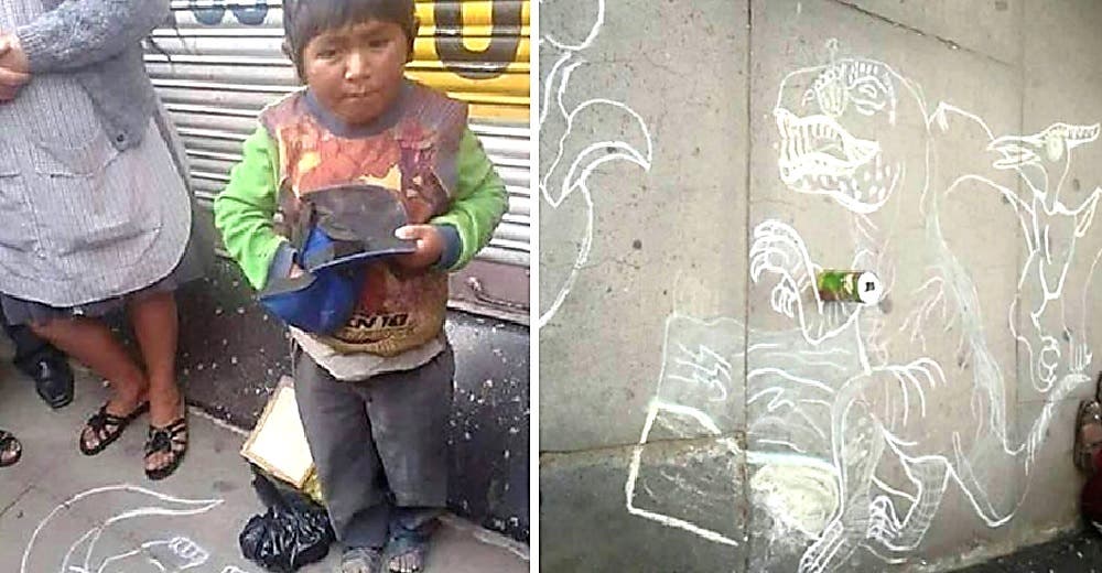 Un niño dibuja dinosaurios en la calle con una tiza a cambio de monedas para ayudar a su familia