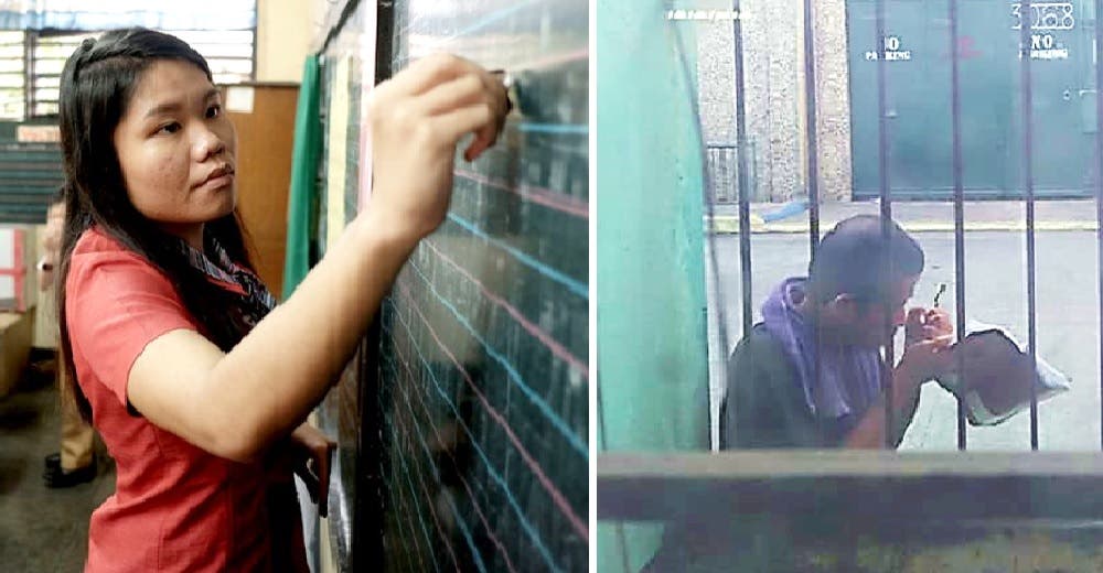 Un humilde hombre escribe en su libreta mientras escucha la clase de la maestra desde la ventana Un humilde hombre escribe en su libreta mientras escucha la clase de la maestra desde la ventana