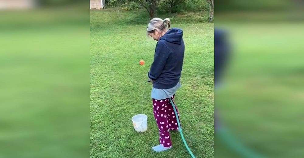 Cansado de las quejas de su esposa sobre el baño hace que intente orinar como él en el jardín