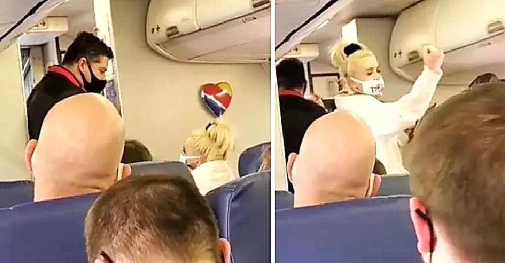 Una indignada asistente de vuelo baila celebrando que expulsó a una pareja del avión