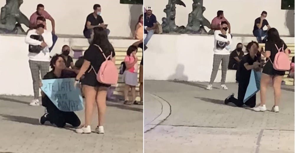 Se arrodilla para declararle su amor a su novia en una plaza y termina decepcionado Se arrodilla para declararle su amor a su novia en una plaza y termina decepcionado