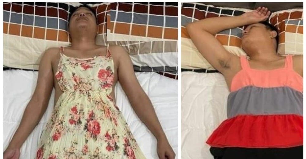 Mientras su esposo duerme lo usa de maniquí para ofrecer las prendas de ropa que vende