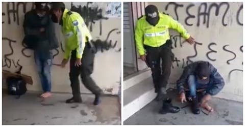 Graban la reacción de un policía después de interrogar a un migrante descalzo en la calle