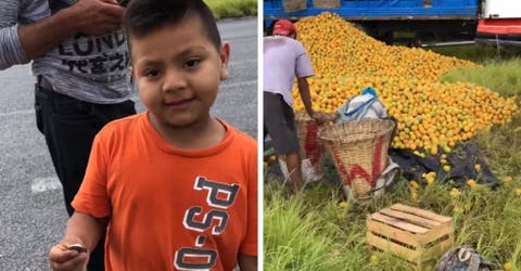 Graban al humilde niño que se acercó a pedir naranjas al lugar donde se volcó un camión