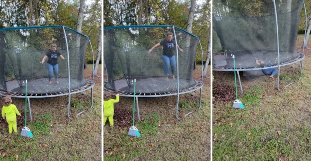 Mujer sufre una aparatosa pero divertida caída mientras salta en un trampolín