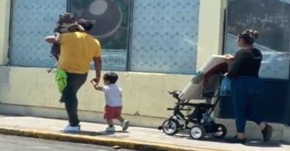 Lleva a su perro pitbull en sus brazos como a un bebé mientras su pequeño hijo camina