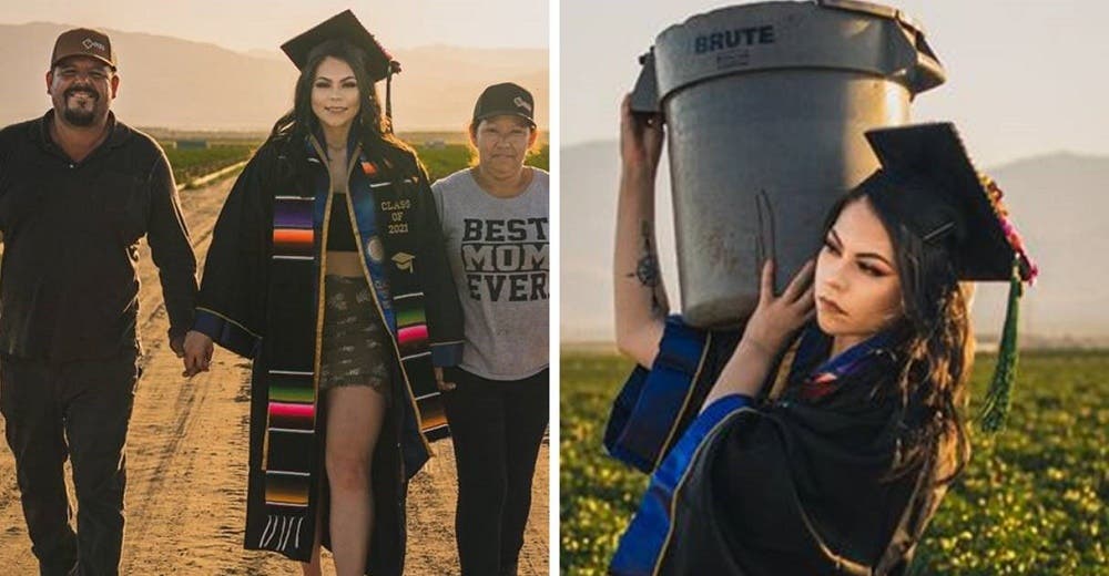 Se toma las fotos de graduación en el campo donde trabajan sus padres, les debe todo a ellos