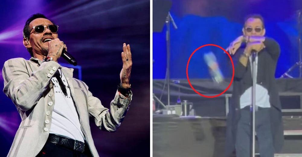 Marc Anthony reacciona al recibir un tremendo botellazo en pleno concierto