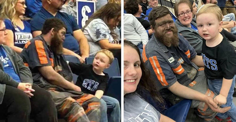 Minero cubierto de hollín lleva a su hijo al partido de baloncesto y es blanco de comentarios