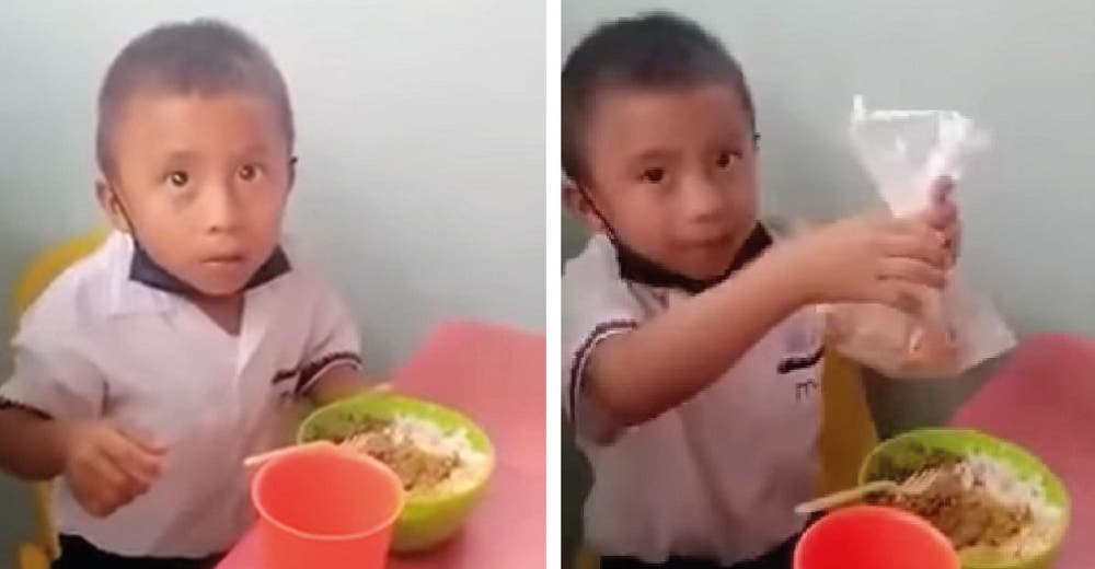 Un niño guarda la mejor parte de su almuerzo para que su mamá comiera